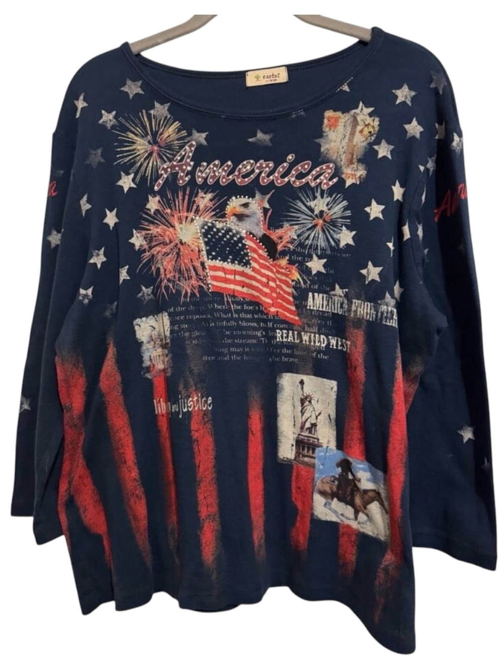 Cactus Women’s Navy Patriotic Graphic Top Rhinestones 3/4 Sleeve Bling Size XL